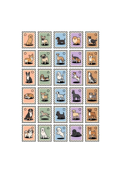 30 Adet Estetik Köpek Posta Pulu Sticker Seti - Laptop Defter Telefon Ajanda Çok Renkli