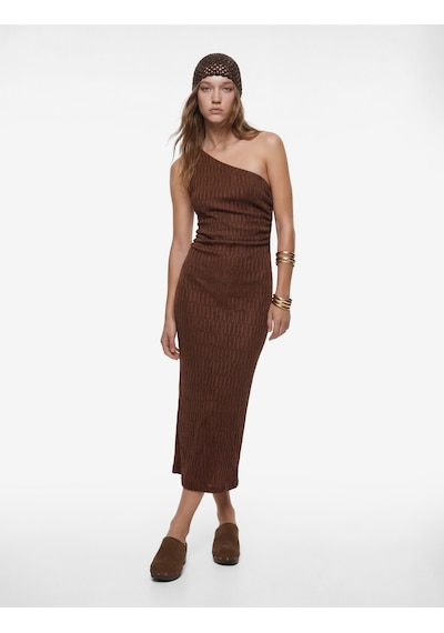 Koton Tek Omuz Kolsuz Slim Fit Bürümcük Uzun Elbise Kahverengi 6sal80061ık Kahve