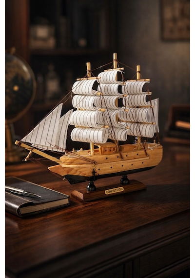 Büyük Boy El Yapımı Ahşap Yelkenli Gemi Maketi 24 X 24 Cm Dekoratif Lüx Hediyelik 529 Eb