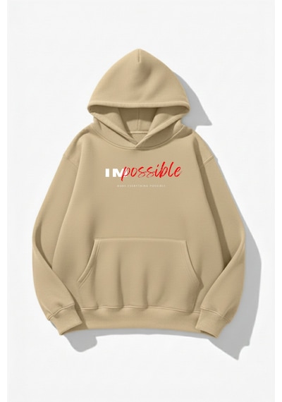 Uyguntarz Unisex Yumuşak Dokulu Impossible Baskılı Tasarım Oversize 3 İplik Hoodie Sweatshirt Bej