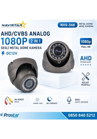Mikrofonlu Ahd 1080p/analog Cvbs Pal Araç İçi Metal Dome Kamera Rca Sarı Soketli, Ir Gece Görüşlü