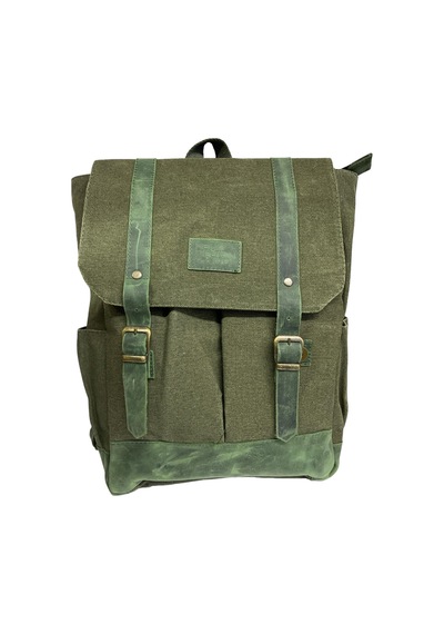 Old Cotton Cargo Kanvas Deri Su Geçirmez Unisex Laptop Bölmeli Gezi Okul Seyahat Kamp Sırt Çantası Haki