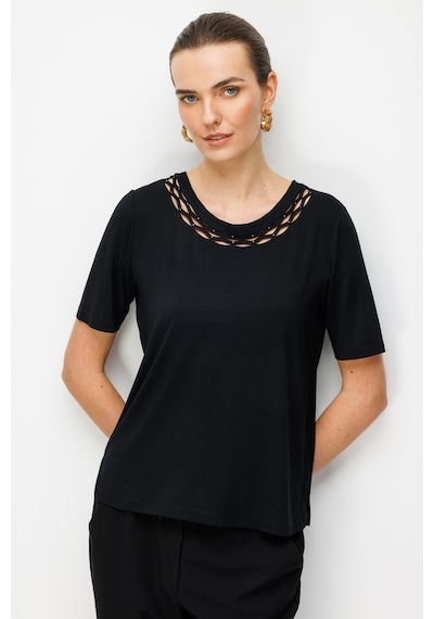 Kadın Sıfır Yaka Yakası Çift Şeritli Taşlı Penye T-shirt Siyah Siyah