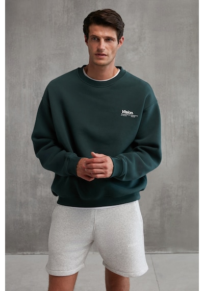 Grimelange Ernest Erkek Organik Pamuklu Yumuşacık Baskı Detaylı Bisiklet Yaka Içi Polarlı Koyu Yeşil Sweatshirt