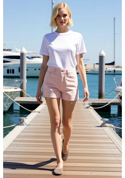 Benerly Kadın Şort Denim Yüksek Bel Slim Kalıp Süper Mini Boy Düz Desen R Pembe