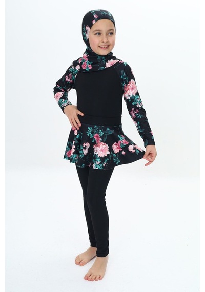 My Kids Wear Üç Parça Kız Çocuk Haşema, Tesettür, Etekli, Kapalı Mayo Mercan - Pembe
