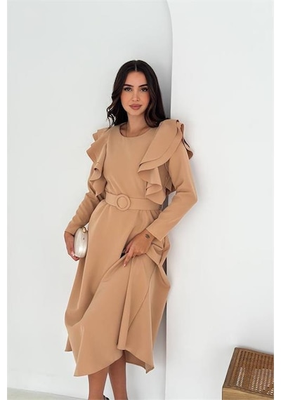 Neşeli Butik Kadın Kol Fırfırlı Kemerli Midi Boy Elbise Nbk4309 Bej