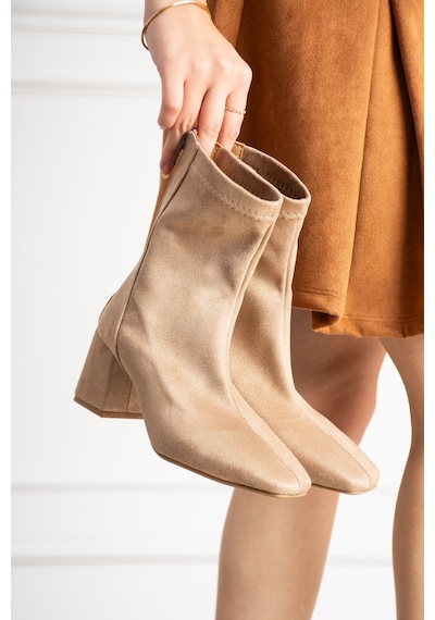 Dabab Shoes Lara Kadın Vizon Süet Streç Küt Burun Fermuarlı 6 Cm Kalın Topuklu Bot Bootie