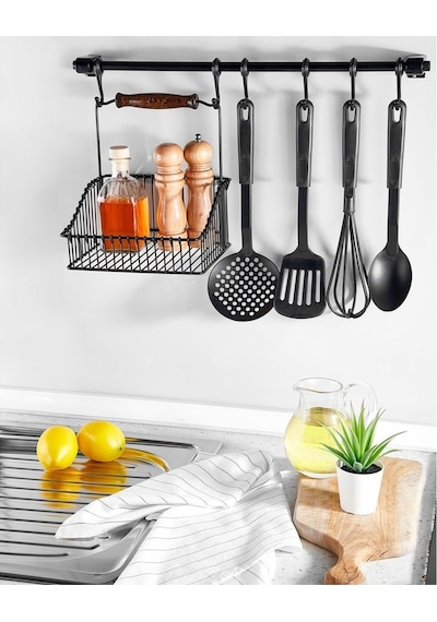Ferforje Metal Sepet Askı Ve Kanca Set Siyah Retro