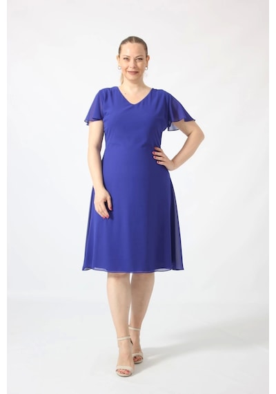Moda Berray 3297 Saks Kolu Fırfırlı Bele Oturan Astarlı Şifon Elbise Saks Saks Mavi
