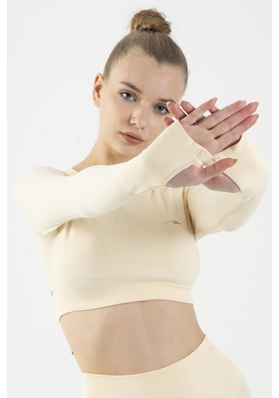 Maraton Active Slimfit Kadın Bisiklet Yaka Uzun Kol Training Ekru Crop Top 816005 Ekru