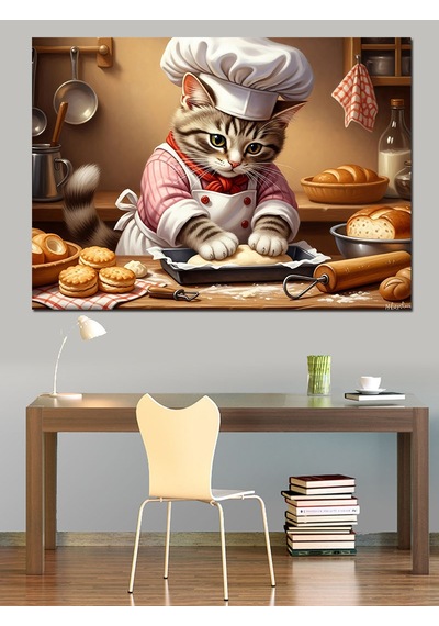 Ahşap Tablo Mutfakta Hamur Açan Şef Kedi