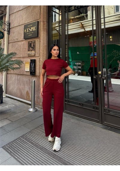 WeShaya Bordo Modal Polyester Keten Bisiklet Yaka Takım Bordo