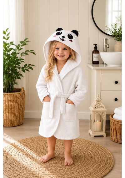 Panda Kapüşonlu Çocuk Bornozu Unisex Bebek Ve Çocuk Banyo Bornozu, Yumuşak Dokulu, 1-10 Yaş 1-2 Yaş