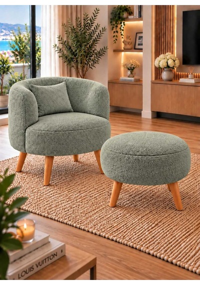 Marbella Teddy Kumaş Berjer Puf Hediyeli, Ahşap Ayaklı Dekoratif Tekli Koltuk Çay Seti Adaçayı Yeşili
