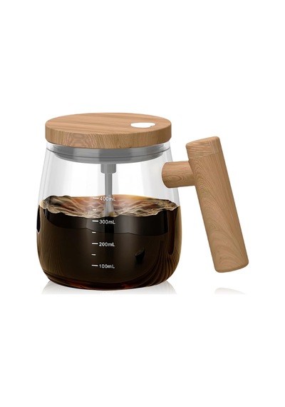 3 Adet Otomatik Karıştırıcılı Cam Kupa Şarjlı Kendini Karıştıran Fincan, Ahşap Görünümlü Kulplu, Ölçü Çizgili, Self-stirring Mug