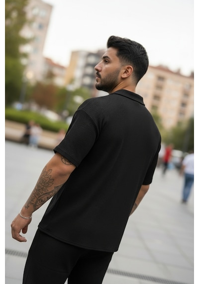 Fifty Color Unisex Trend Bürümcük Krinkıl Kumaş Yazlık Likralı Kısa Kol Gömlek Ve Eşofman Takım Siyah