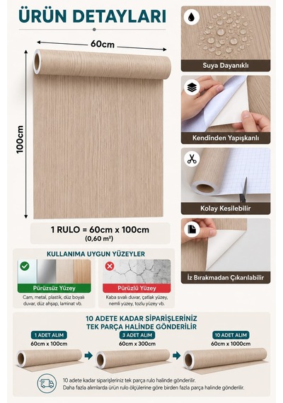 Deconitte Premium Kendinden Yapışkanlı Bej Renkli Ahşap Desenli Mobilya Dolap Masa Tezgah Pvc Kaplama Folyosu 60x100cm
