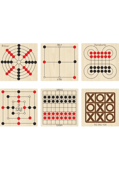 Ahşap Oyun Seti 6lı. Dama+3 Taş+9 Taş+bihar+surakarta+tic-tac-toe