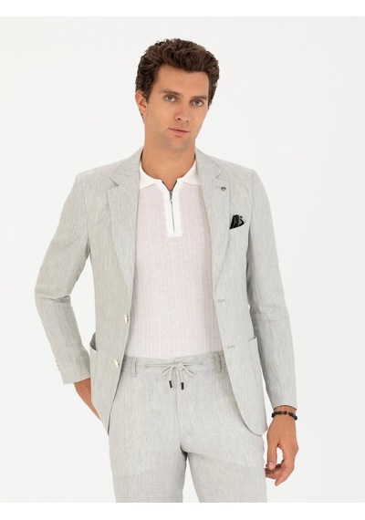 Cacharel Açık Gri Slim Fit %100 Keten Ceket