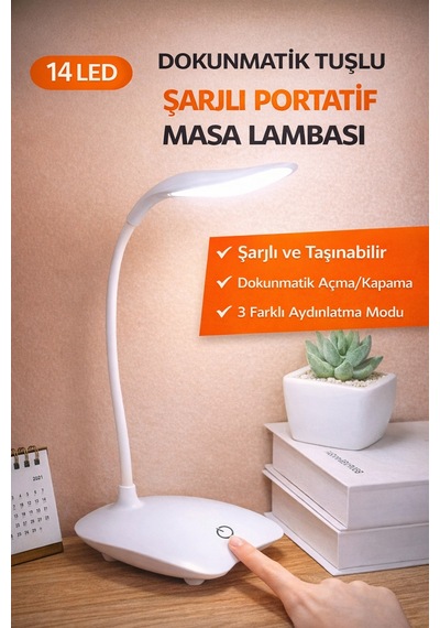 Ecuy Dokunmatik 14 Led Şarjlı Portatif Masa Lambası Usb Akrobatik Beyaz Işık 3 Mod Led Işık Beyaz