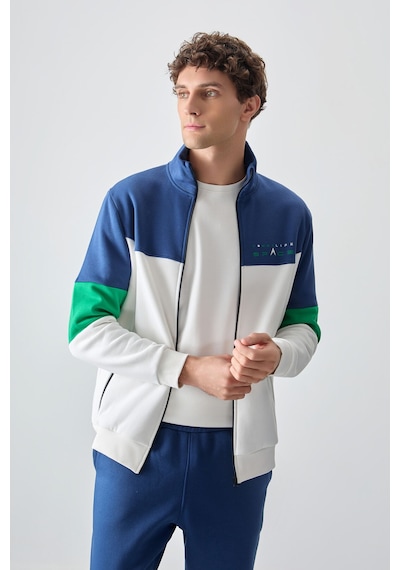 Tommy Life Ekru - İndigo Dik Yaka Renk Geçişli İçi Polarlı Erkek Eşofman Takımı - 85186 Ekru