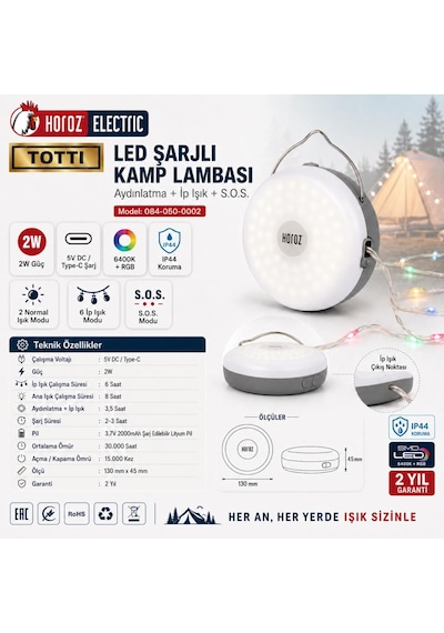 Tottı Led Şarjlı Kamp Lambası 2w Type-c Rgb İp Işıklı S.o.s Modlu