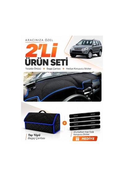 Honda Cr-v 2000-2006 Uyumlu Torpido Örtüsü + Tay Tüyü Bagaj Çantası + Sticker Seti - Siyah Mavi
