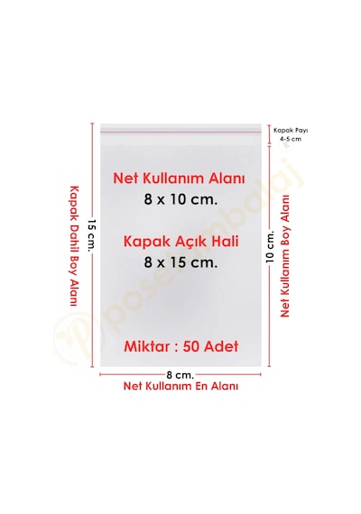 8x10+5 Cm. 8x15 50 Adet Şeffaf Bantlı Yapışkanlı Jelatin Poşet