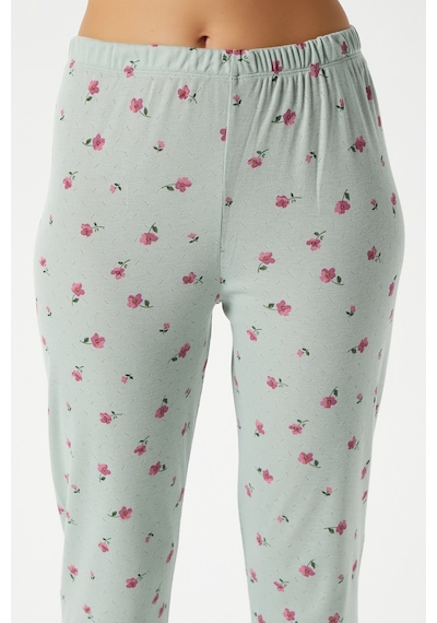 Ritnice Kadın Juliet Kurdeleli Yumuşak Doku Yeşil Çiçekli Pijama Takımı