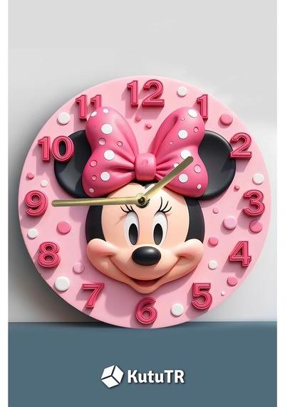 Minnie Mouse Temalı Pembe Mdf Duvar Saati 3d Görünümlü, Sessiz Mekanizmalı, 2d Hd Baskı Sdw235 Renkli