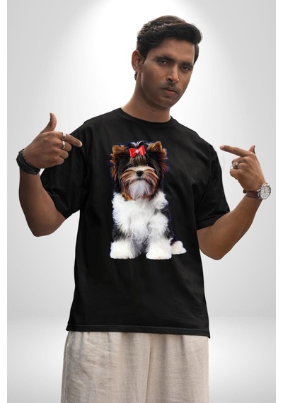 Biewer Yorshire Terrier Pamuklu Bisiklet Yaka Unisex Oversize Boyfriend Dijital Baskılı Siyah T-shirt Siyah