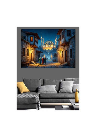 Gece Işıklarıyla Aydınlanmış Eski Sokak Yağlı Boya Dokulu Kanvas Tablo Canvas Tablosu