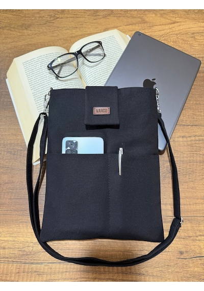 Aksesuarsepeti El Yapımı Cepli Ayarlanabilir Askılı, Kılıf Çanta, Tablet Kılıfı, Kitap Çantası, Organizer Çanta, Siyah