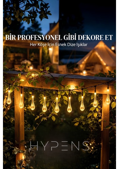 Solar Damla Led 5m 20 Ledli Günışığı 8 Modlu Dekoratif Bahçe Ve Balkon Süs Işığı Sarı