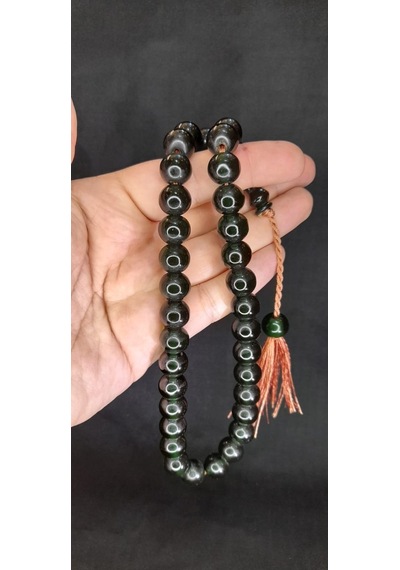 Anemore Collection Çubuk Kehribar Tesbih Koyu Yeşil Küre Kesim T-419 Hediyelik