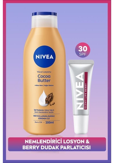 Cocoa Butter Nemlendirici Vücut Bakım Losyonu 200ml Ve Berry Renkli Nemlendirici Dudak Parlatıcısı