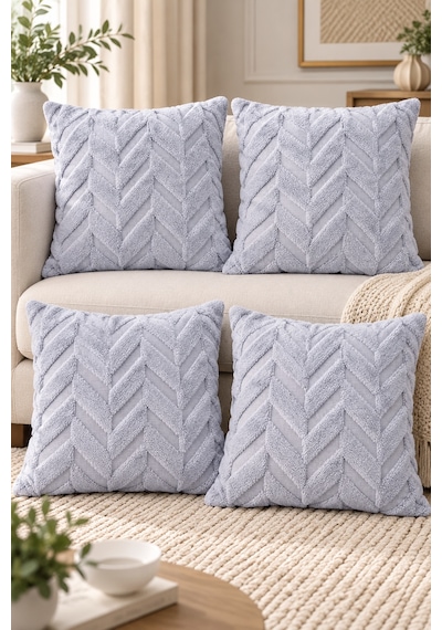 Peluş Dekoratif Kırlent Kılıfı İskandinav Zigzag-balıksırtı 4 Lü Set 42x42 Cm Açık Gri