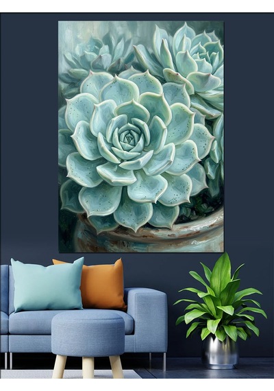 Echeveria Sukulent Mavi Yeşil Yaprak Dekoratif Kanvas - Mdf Ahşap Tablo