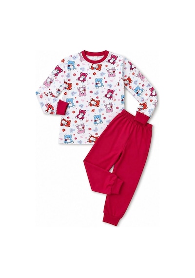 Novalisse Kız Çocuk Premium Penye Ayıcık Desenli Uzun Kollu Pijama Takımı 2-11 Yaş - Kırmızı Çoklu Renk