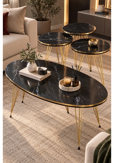 Sulorahome Siyah Ve Gold Metal Tel Ayaklı 4'lü Sehpa Seti Siyah - Altın
