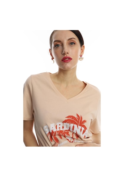 Kadın Sardinia Baskılı V Yaka Tişört Bej