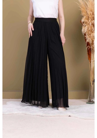 Lodmela Beli Lastikli Pliseli Şifon Pantolon 6030-siyah Siyah