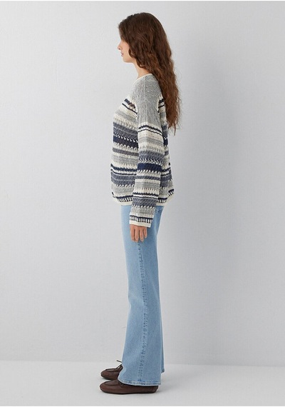Mavi Çizgili Jakarlı Kazak Loose Fit / Bol Rahat Kesim 1710973-84057 Gri