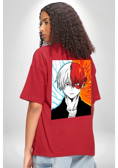 My Hero Academia Boku Anime Kırmızı Oversize Unisex Ön Ve Sırt Baskılı Tişört Kırmızı