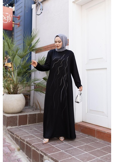 Hb Harma Time Butik Kadın Taş İşlemeli Rahat Kalıp Siyah Elbise Siyah Siyah