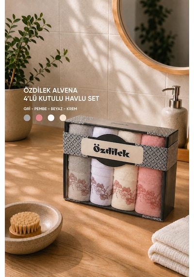 Özdilek El Ve Yüz Havlusu 4 Lü Kutulu Alvena Gri Pembe Beyaz Krem Çok Renkli