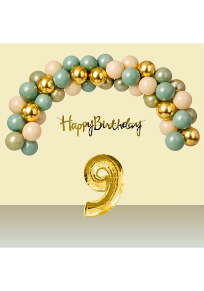 9 Yaş Retro Gold Kromgold Küfyeşili Kumbeji Balon Happy Birthday Banner Gold Rakam Doğum Günü Süsü Çok Renkli