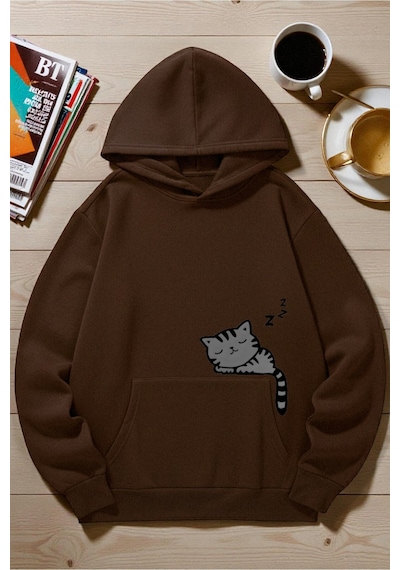 Uyguntarz Unisex Uyuyan Kedi Baskılı Kapüşonlu Sweatshirt Kahverengi