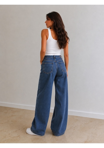 St.poll Christian 90's Orta Mavi Palazzo Salaş Paça Süper Yüksek Bel Jean Pantolon Ortamavi